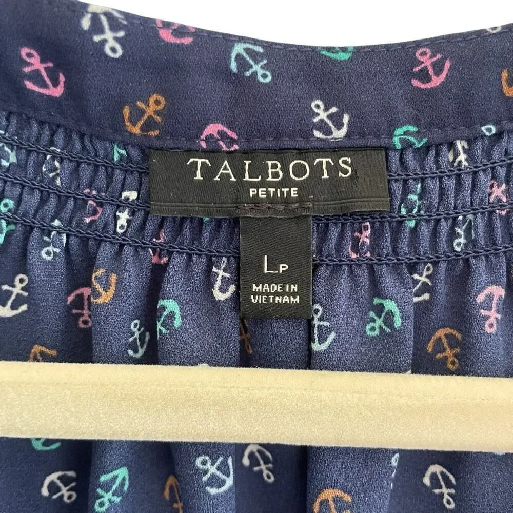 Talbots Petite Nautical Boat Anchor Print Long Sleeve Navy Blouse Top Sz Large